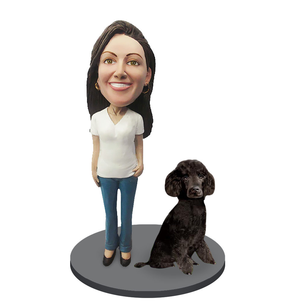 Custom Female with Custom Pet Dog Bobblehead - Poodle Black Miniature