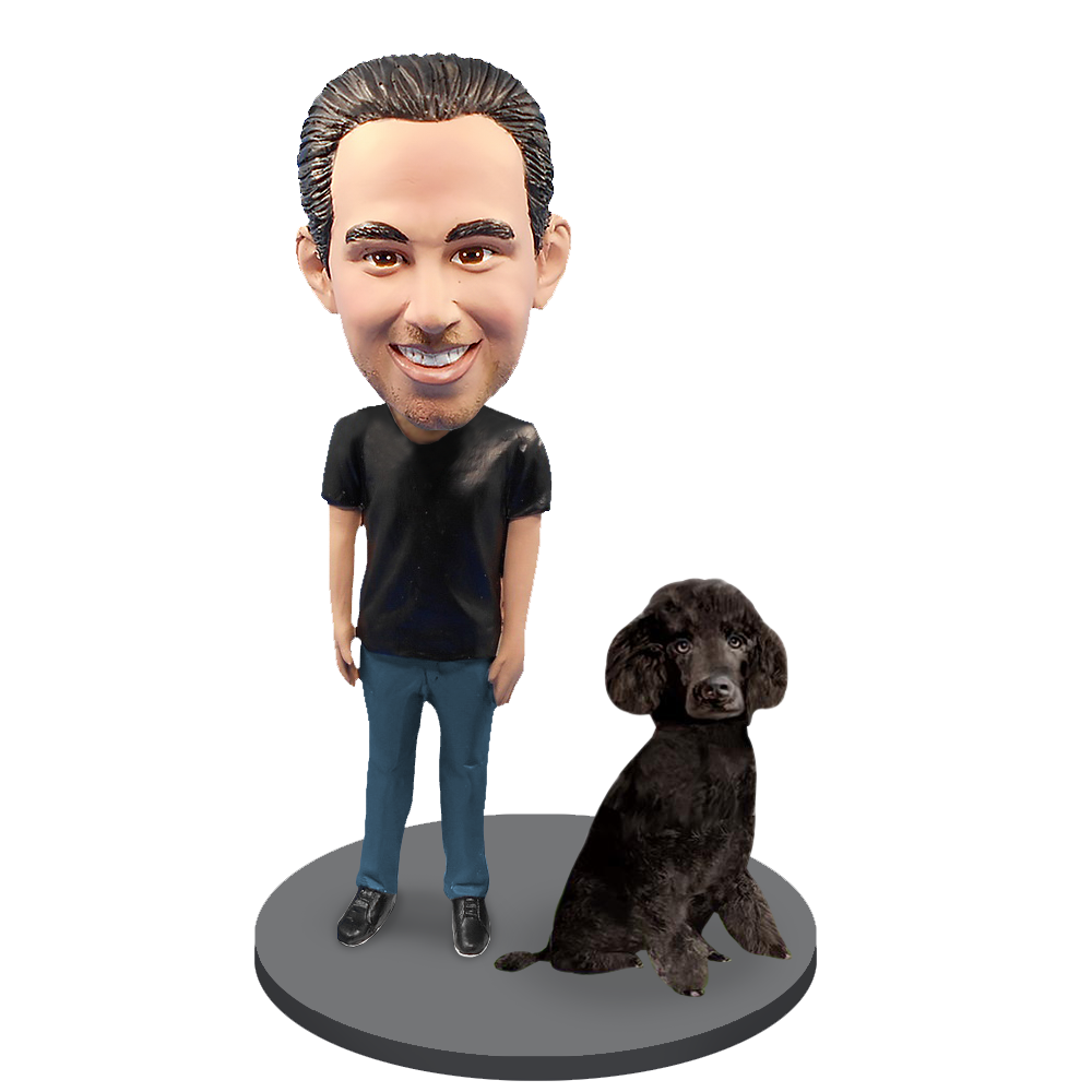 Custom Male with Custom Pet Dog Bobblehead - Poodle Black Miniature