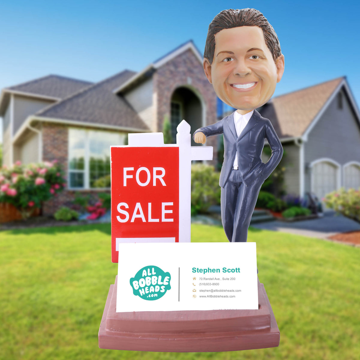 Real Estate Bobblehead with &quot;For Sale&quot; Sign Business Card Holder - Male