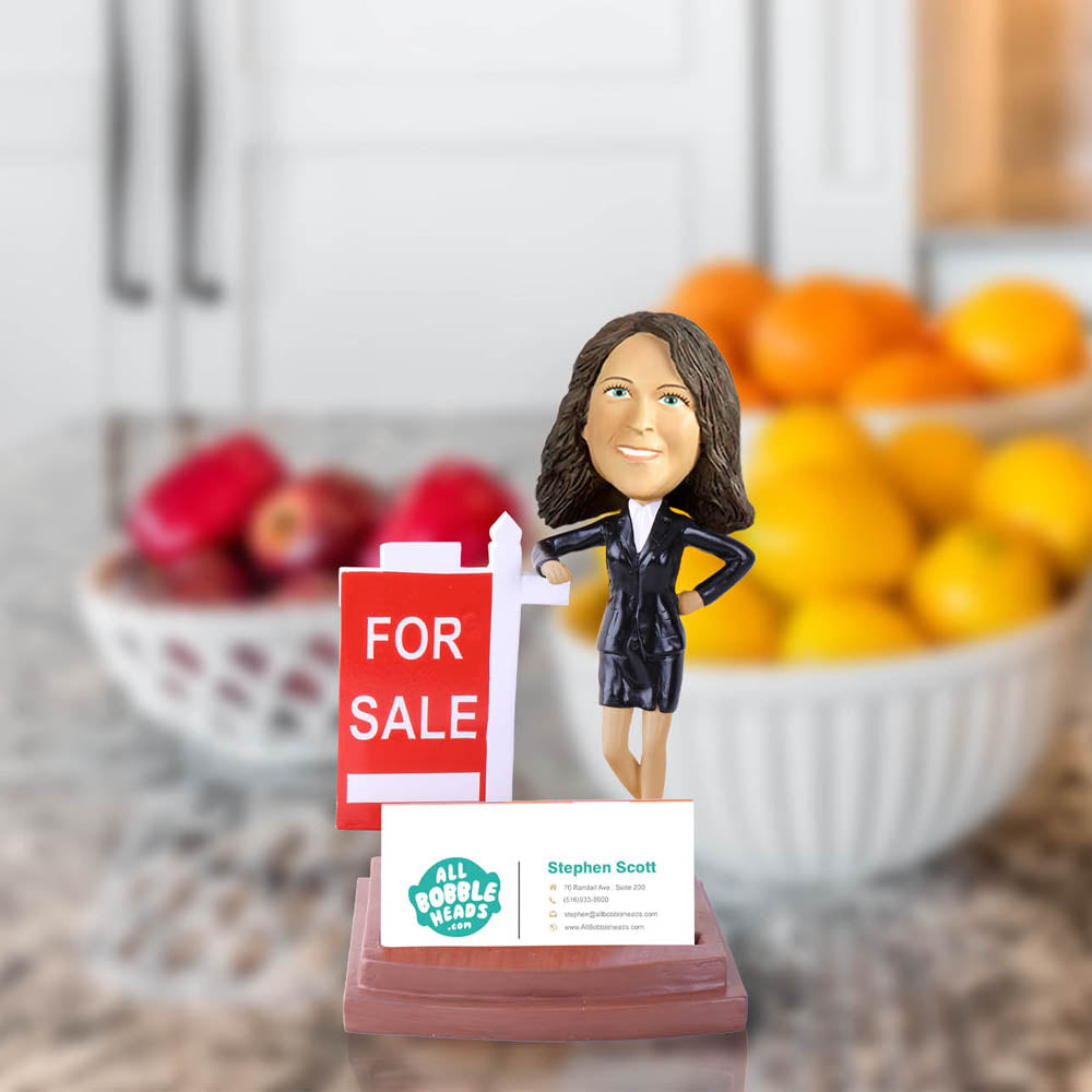 Real Estate Bobblehead with &quot;For Sale&quot; Sign Business Card Holder - Female